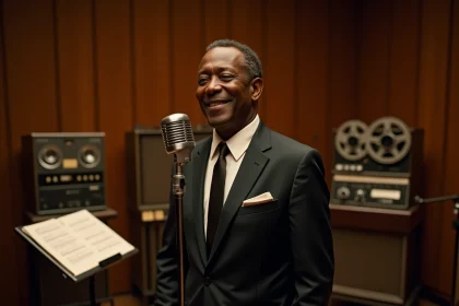 Musicien soul des années 1960 devant un micro vintage dans un studio d'enregistrement, évoquant l'époque de Ben E. King et la chanson Stand By Me