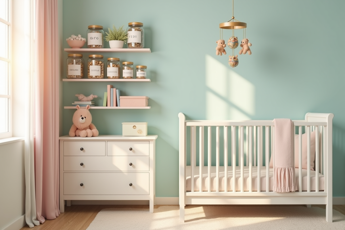 Chambre de bébé bien organisée avec jouets et mobile