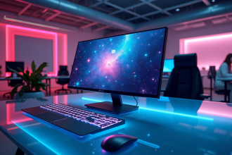 ordinateur futuriste avec ecran holographique et lumiere neon dans un bureau moderne