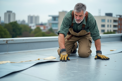 Ouvrier toiture appliquant une membrane sur un toit moderne