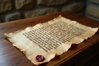 Fragment de parchemin médiéval avec calligraphie latine en encre fanée et sceau de cire rouge, évoquant les documents authentiques de l'ordre des Templiers