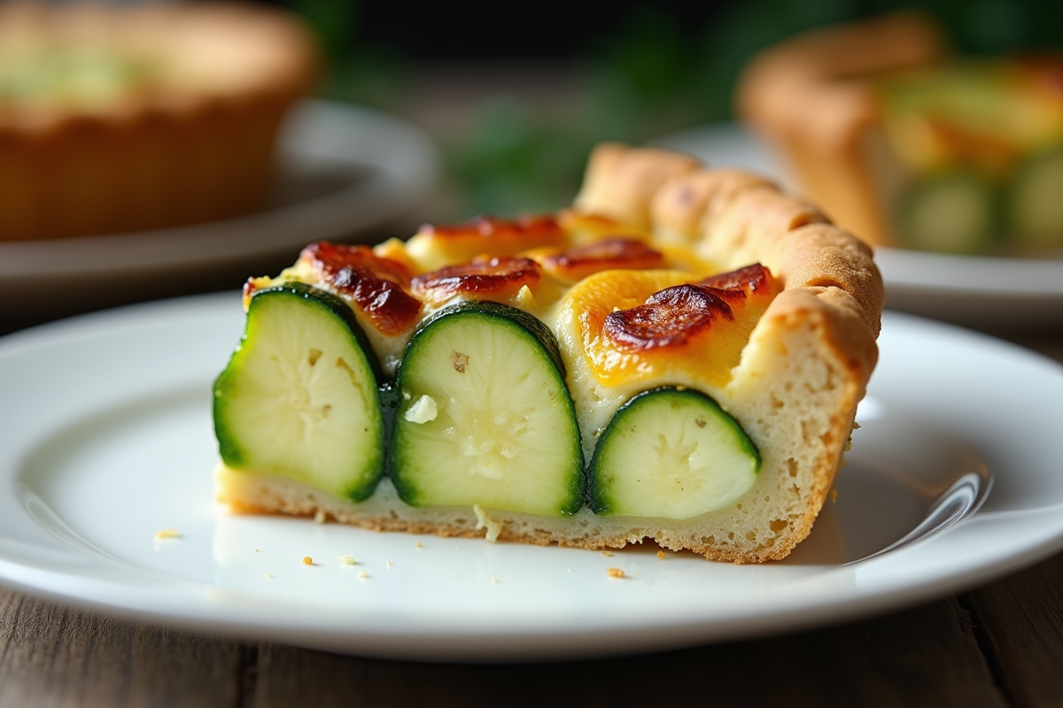 Tranche de tarte à la courgette sur assiette blanche