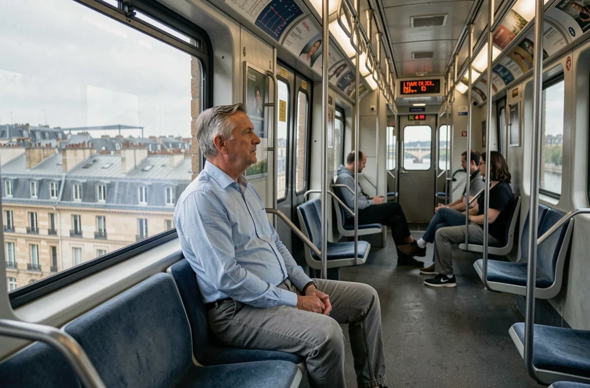 Un passager observe le paysage parisien depuis la fenêtre d'une rame de la ligne 7 du métro, mettant en valeur le rôle central de cette ligne dans les déplacements quotidiens