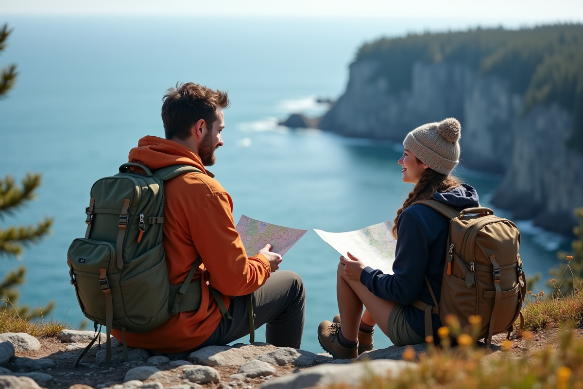 Pere et fille en randonnée avec vue sur la mer au parc Forillon