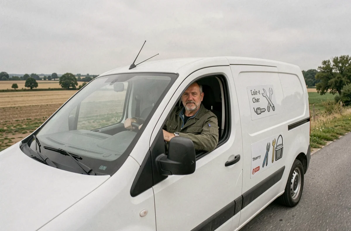 Thierry Peron, dépanneur électroménager du Loir-et-Cher, au volant de son véhicule d'intervention sur une route de campagne