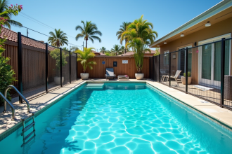 Piscine moderne en Californie avec clôture de sécurité et panneaux
