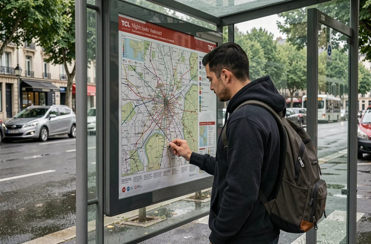 Homme consultant le plan du réseau de bus de nuit TCL sous un abribus à Lyon