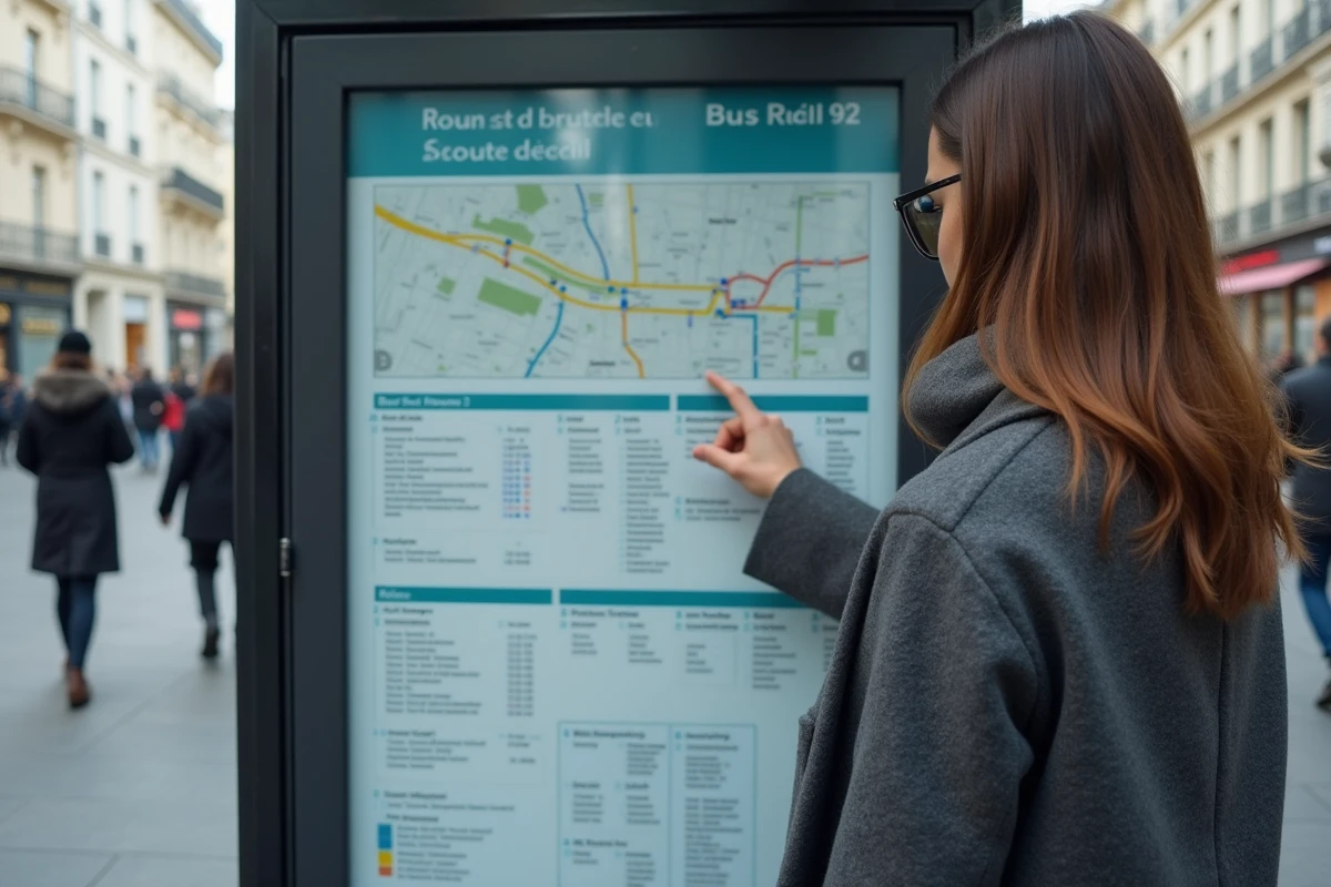 Femme consultant le plan et les horaires du bus 92 à un abribus parisien
