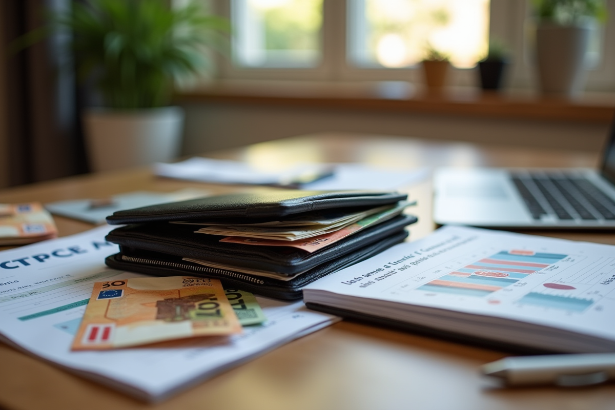 Portefeuille avec billets et tickets SNCF sur une table en bois