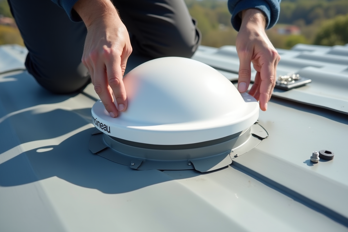 Mains posant un coffre PVC blanc sur une tuile de toit avec outils