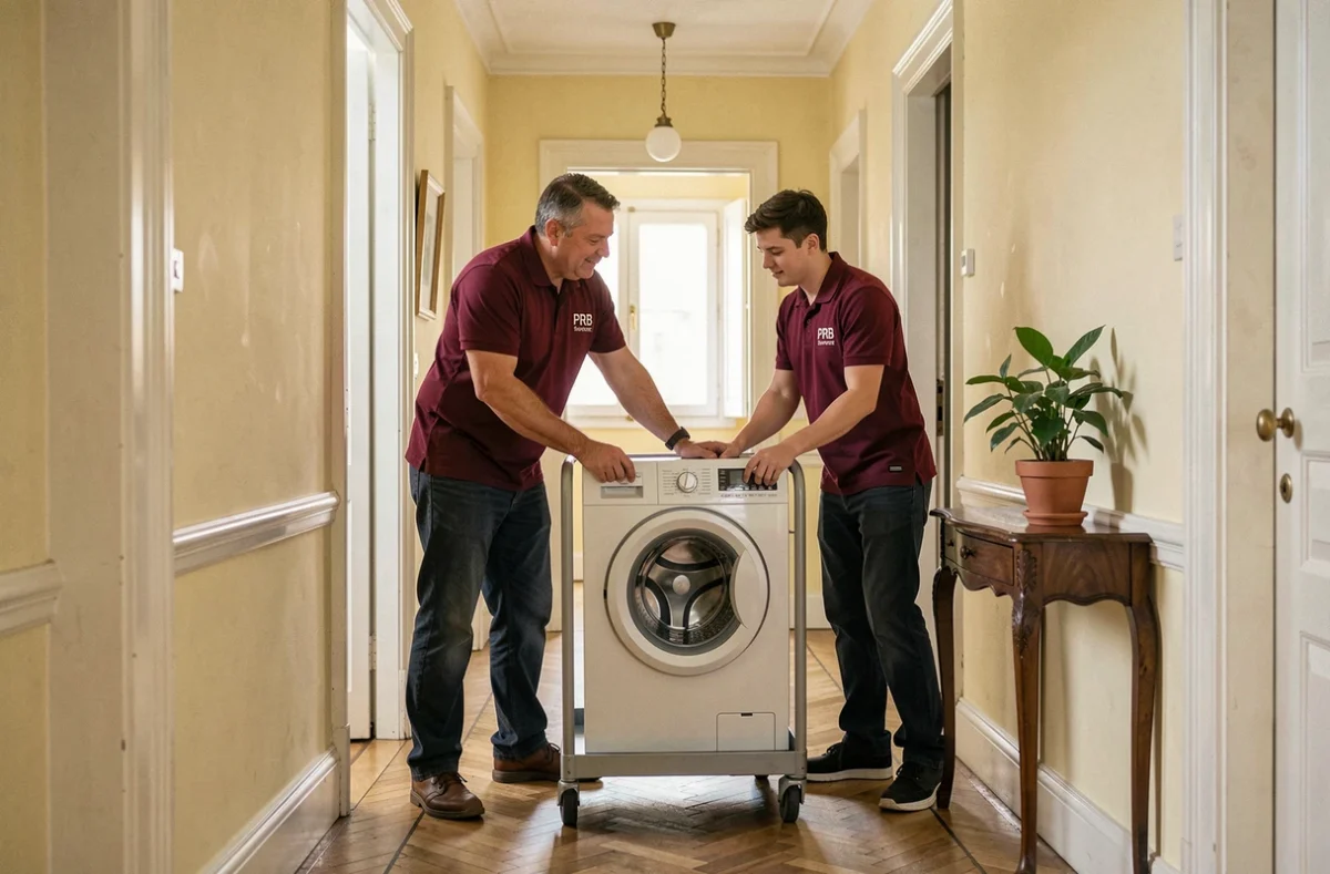 Deux techniciens PRB Services transportant un lave-linge dans un couloir d'une maison du Centre-Val de Loire