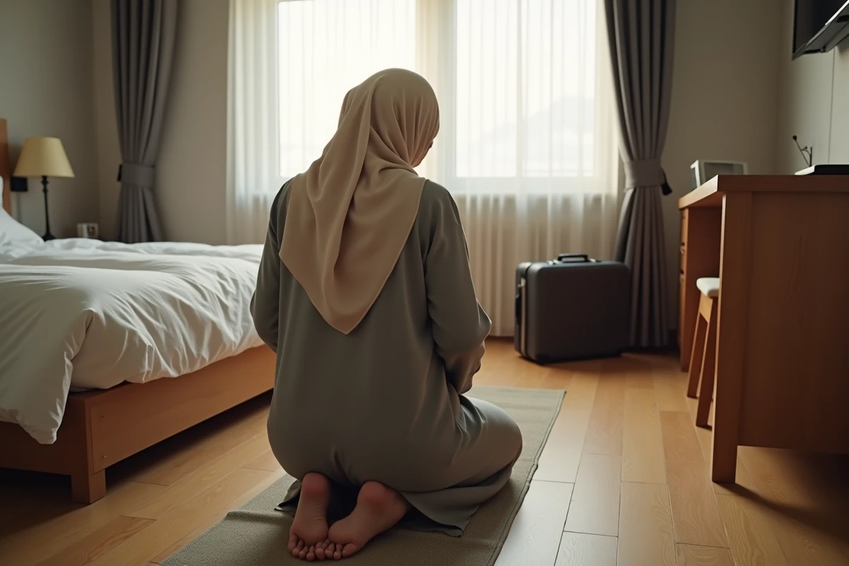 Femme musulmane en voyage priant le Fajr dans une chambre d'hôtel sobre à l'aube sur un tapis de prière portable