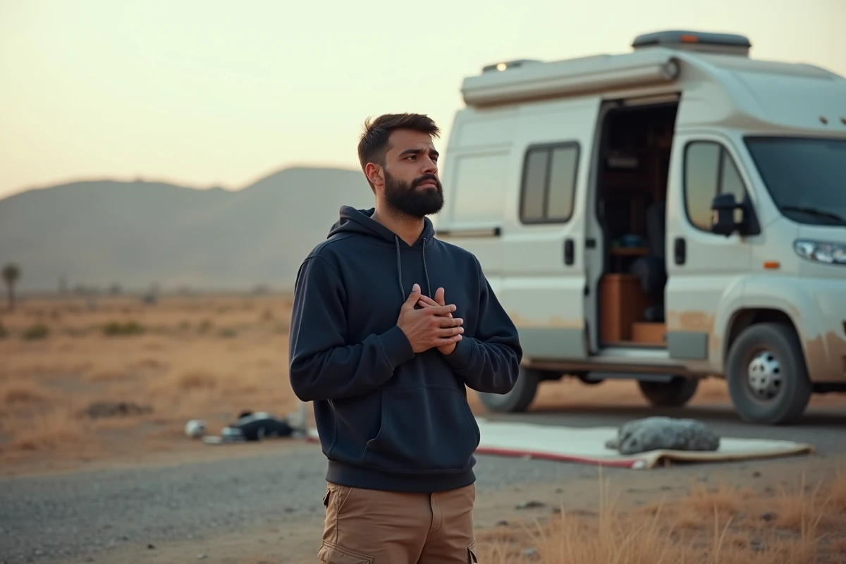 Jeune homme musulman accomplissant la prière du Fajr en plein air lors d'un voyage en van sur une aire de repos à l'aube