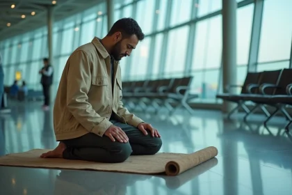 Homme musulman accomplissant la prière Fajr sur un tapis de prière portable dans un aéroport international à l'aube