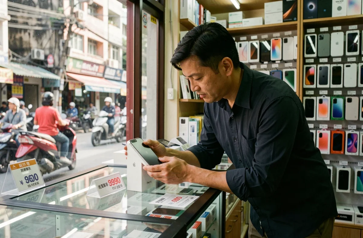 Homme examinant un iPhone 14 dans une boutique électronique en Asie du Sud-Est avec étiquettes de prix en devise locale