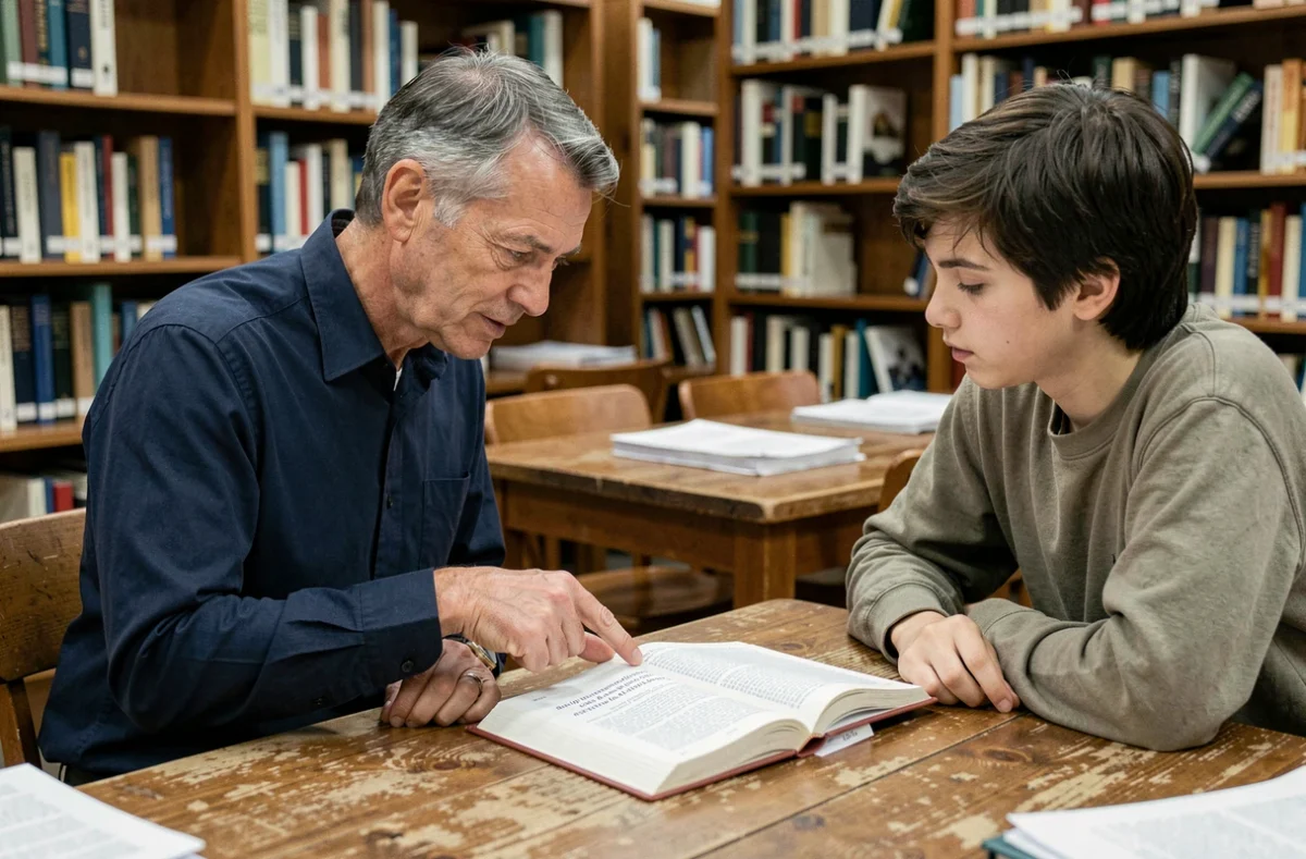 Professeur expliquant une règle de grammaire à un élève dans une bibliothèque universitaire