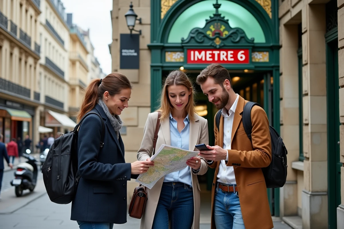 Groupe de jeunes professionnels consultant une carte devant l'entrée d'une station de la ligne 6 à Paris