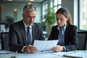 Homme et femme d'affaires discutant de documents au bureau