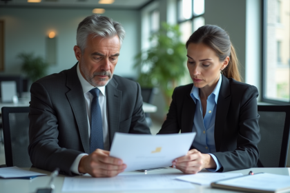 Homme et femme d'affaires discutant de documents au bureau