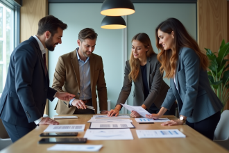 Quatre professionnels en réunion dans un bureau moderne
