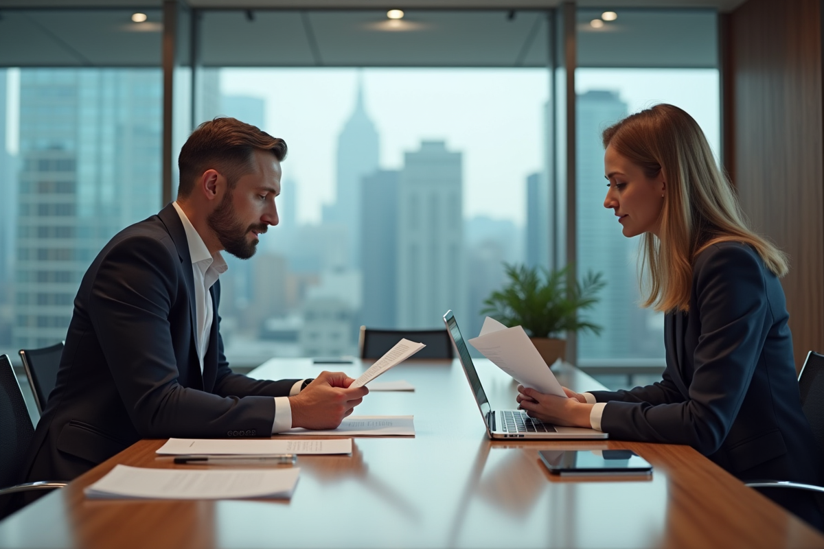 Deux professionnels en réunion dans une salle moderne