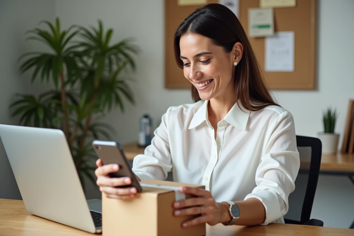 Femme vérifiant la livraison d'un colis GLS sur smartphone depuis son bureau à domicile