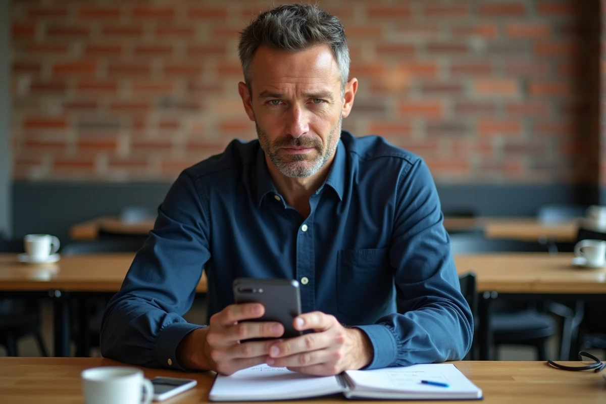 Homme en espace de coworking utilisant un smartphone pour effectuer une recherche inversée tout en respectant la vie privée