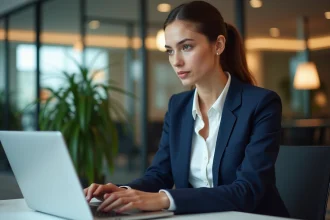 Femme professionnelle rédigeant un email en anglais sur un ordinateur portable dans un bureau moderne
