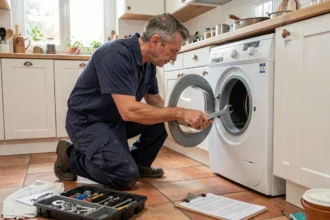 Technicien en réparation d'électroménager intervenant sur un lave-linge dans une cuisine française typique du Centre-Val de Loire