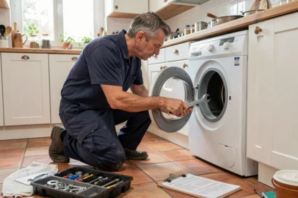 Technicien en réparation d'électroménager intervenant sur un lave-linge dans une cuisine française typique du Centre-Val de Loire