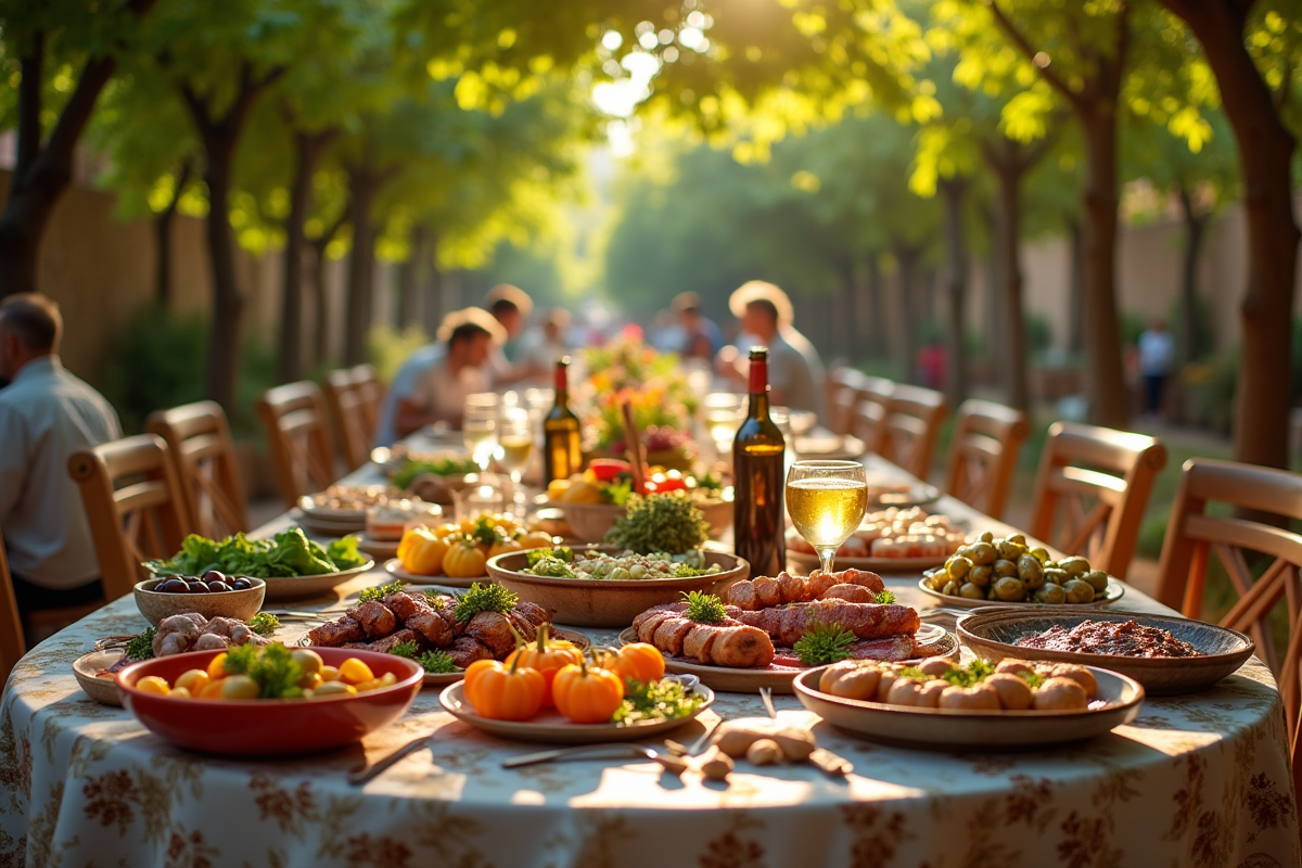 Repas en plein air à Kfardlakos avec famille autour de plats libanais