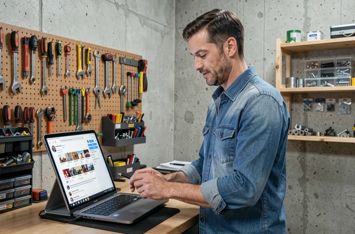Homme consultant les réseaux sociaux de lelabdubricoleur sur une tablette dans un atelier de bricolage moderne