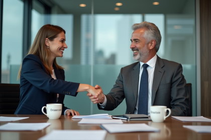 Deux professionnels souriants lors d'une poignée de main en réunion