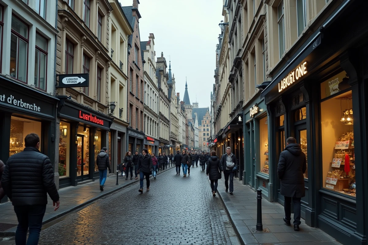 Ruelle pavée du centre historique de Bruxelles avec panneau indicateur menant vers le Manneken Pis et façades typiques belges