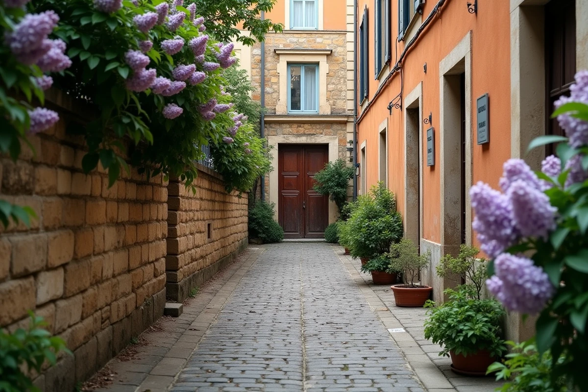 Ruelle en impasse bordée de lilas et de murs en pierre dans une ville de province française