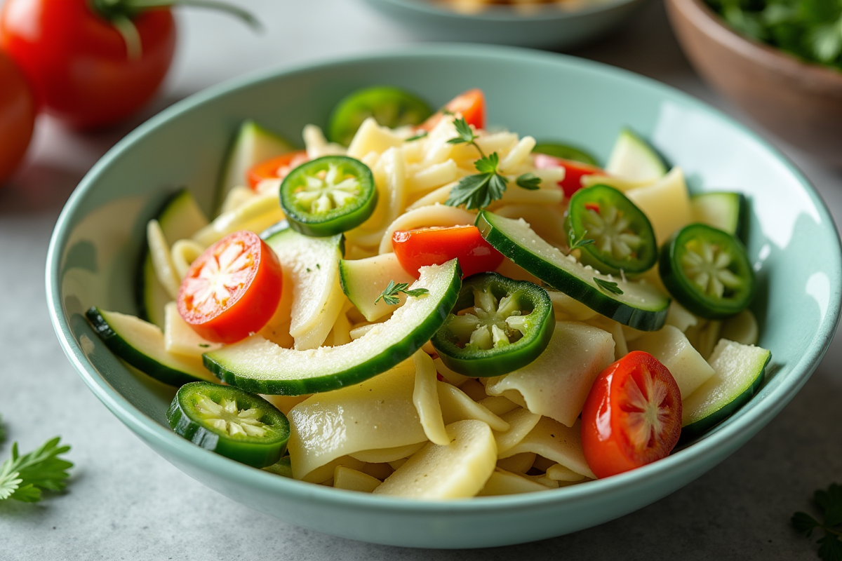 Salade colorée avec jicama et artichauts dans une cuisine lumineuse