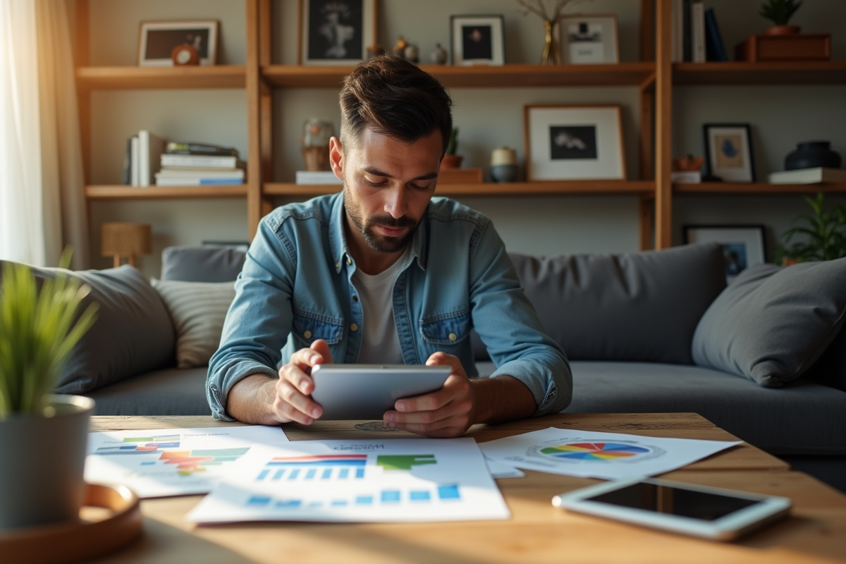 Homme utilisant une tablette dans un salon lumineux et cosy