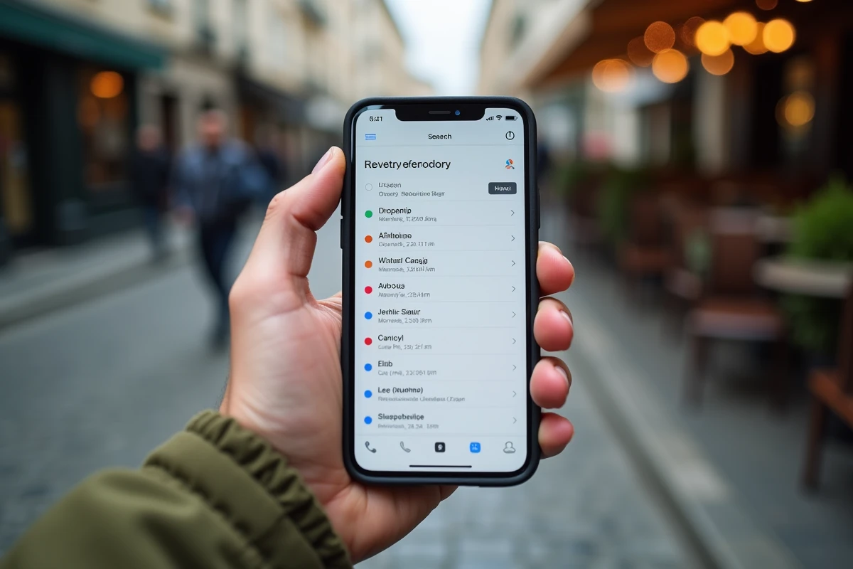 Mains tenant un smartphone affichant des résultats de recherche sur un annuaire inversé gratuit Pages Blanches en extérieur
