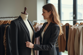 Styliste confiante ajustant un blazer dans un studio lumineux