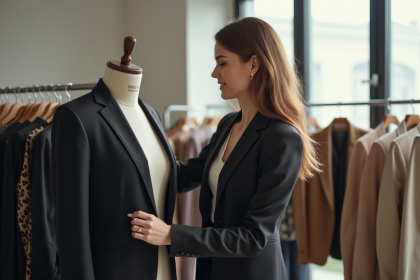 Styliste confiante ajustant un blazer dans un studio lumineux
