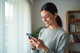 Jeune femme consultant l'application de suivi de colis GLS sur son smartphone dans un appartement moderne