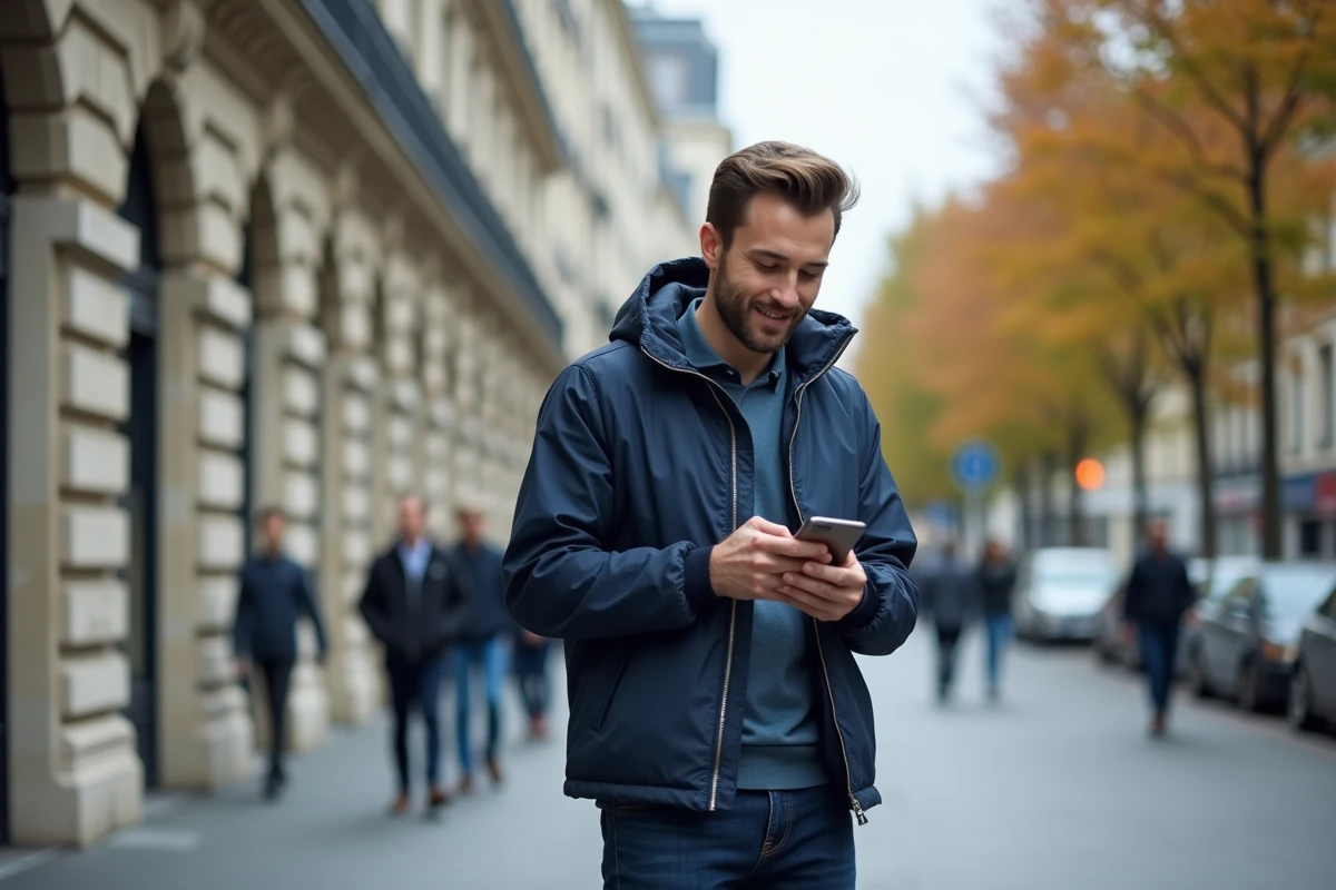 Homme suivant son colis GLS en temps réel sur mobile dans une rue parisienne
