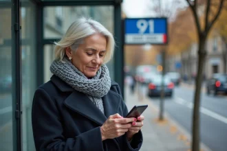 Femme consultant l'application de suivi en temps réel du bus 91 à un arrêt de bus parisien