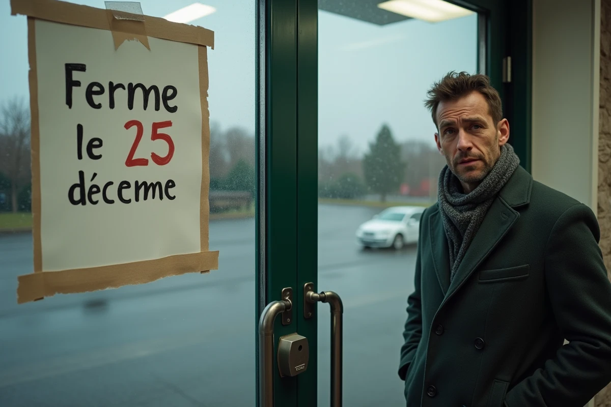 Homme devant une entrée de supermarché fermé le jour de Noël avec une pancarte indiquant la fermeture le 25 décembre