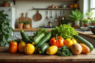 Table rustique avec fruits et légumes Z dans une cuisine lumineuse