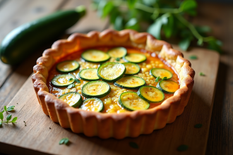 Tarte à la courgette fraîche sur table en bois