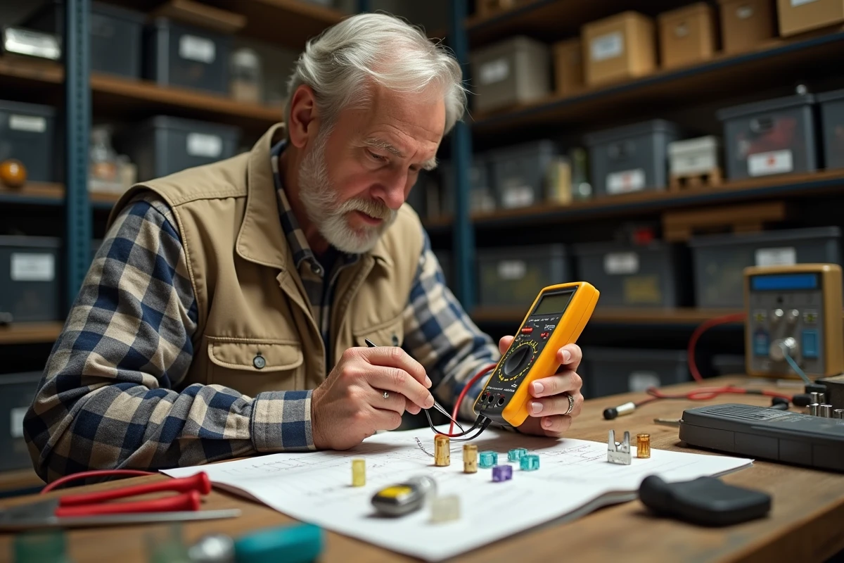 Homme testant des fusibles automobiles avec un multimètre numérique sur un établi d'atelier encombré