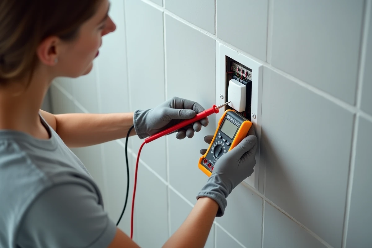 Femme testant un interrupteur électrique avec un multimètre en mode continuité dans une cuisine moderne