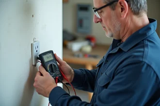 Électricien utilisant un multimètre numérique pour tester une prise électrique murale dans un intérieur résidentiel