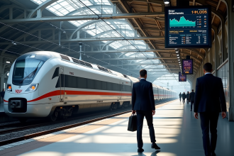 TGV moderne à la gare avec données financières en arrière-plan